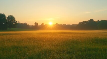 Fototapeta premium Golden Sunrise Over Foggy Meadow With Trees in Background