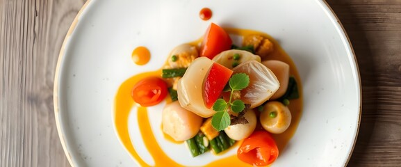 A top-down shot of a gourmet dish, simply placed with the edges of the plate visible.
