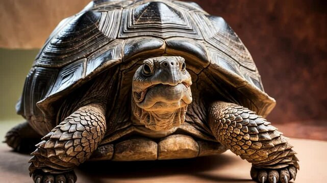 Close up of a tortoise showcasing its textured shell and calm demeanor in an artistic setting, emphasizing natural beauty and serenity