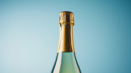 a bottle of sparkling chardonnay with a cork popped and bubbles visible against an isolated soft blue background