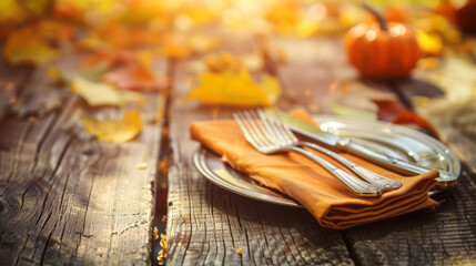 Plate, fork, and knife on a napkin against a wooden table background in autumn, festive place setting.