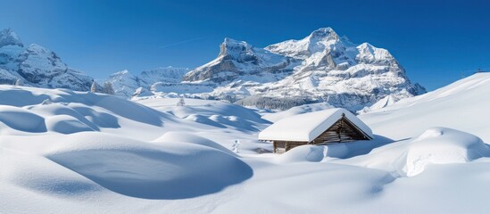 View of mountains and snow covered wooden huts with peaks