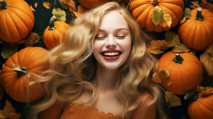 Happy woman with pumpkins in autumn