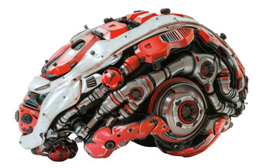 A brain with robotic parts, isolated against a transparent background, side view.