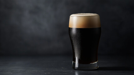 a glass of dark stout with a creamy head and rich, deep color against an isolated charcoal gray background