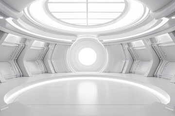 Fototapeta premium A white sci-fi room with a flat floor and no shadows, featuring a circular space that could be used for various activities, with impressive light effects.