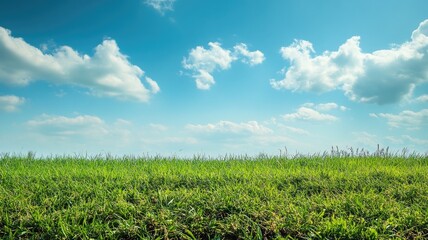 Obraz premium Endless grassy field under bright blue sky with scattered clouds