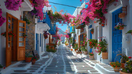 Fototapeta premium Beautiful White and Blue Buildings with Pink Flowers - Realistic Image