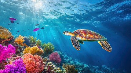 Fototapeta premium Vibrant Underwater Coral Reef Habitat with Sea Turtle Swimming