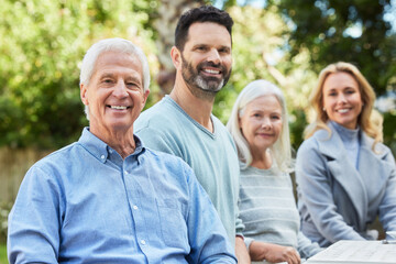 Couple, parents and happy in backyard on portrait at home on visit for bonding and support in Germany. People, family and smile with confidence in garden for fun, care and trust with love outdoor