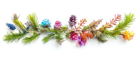 rainbow pine cones on a white background, perfect for nature themed designs and celebratory events
