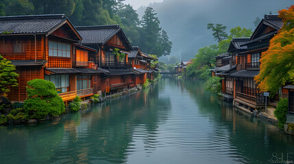 Obraz premium Traditional Japanese Houses Along a Calm Canal - Photo