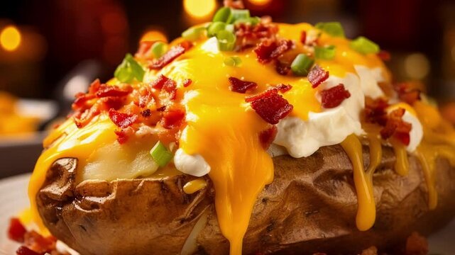Baked potato is overflowing with melted cheddar cheese, crispy bacon bits, sour cream, and chives, making a delicious side dish