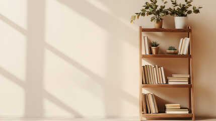 a wooden ladder shelf with multiple levels displaying books and small plants against an isolated soft beige background