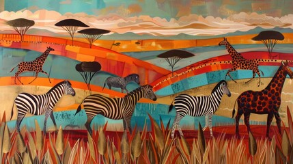 Fototapeta premium African Savanna Landscape with Zebras and Giraffes