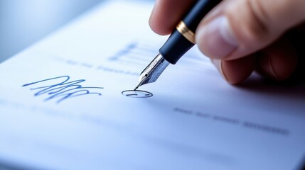 Close up of a hand signing a contract with a fountain pen.