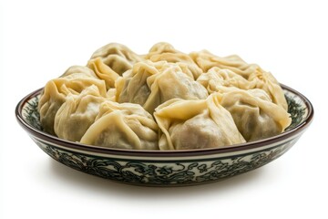 A plate of dumplings with dill, isolated on a white background, studio shot.