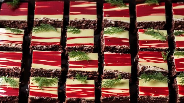 Many square cakes with white chocolate and red stripes, decorated with a sprig of dill, lie on a black metal baking sheet