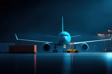 Fototapeta premium Airplane Cargo Plane at Night on Tar with Tow Truck