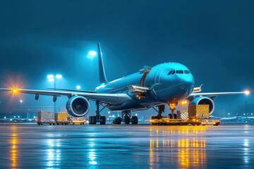 Cargo Airplane Loading at Night on Airport Runway