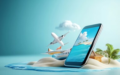 A smartphone displaying a tropical beach scene with a plane taking off, symbolizing travel booking and planning.