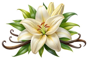 Elegant White Lily and Vanilla Pods Illustration Realistic Botanical Art on Black Background