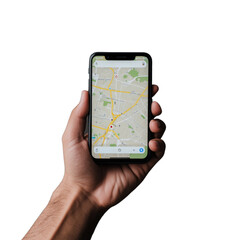 Hand holding a smartphone with a navigation app, isolated on a transparent background