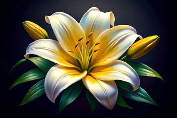 Elegant White Lily and Vanilla Pods Illustration Realistic Botanical Art on Black Background
