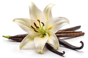 Elegant White Lily and Vanilla Pods Illustration Realistic Botanical Art on Black Background