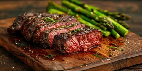 Grilled dry-aged Wagyu ribeye steak accompanied by lettuce and green asparagus, served on a rustic wooden cutting board.