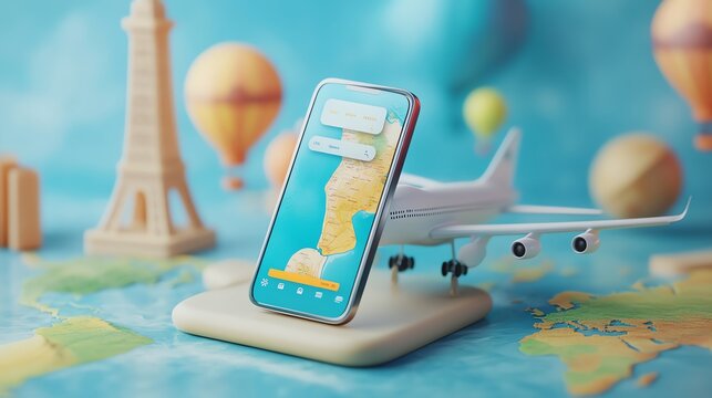 A smartphone with a travel app open on it sits on a world map next to a miniature airplane and Eiffel Tower. - Powered by Adobe