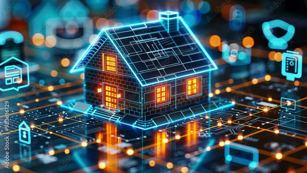 Poster a digital model of a house is highlighted with bright, glowing windows, set against a backdrop of ci