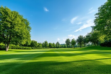 Fototapeta premium Green Grass Field with Blue Sky and Trees