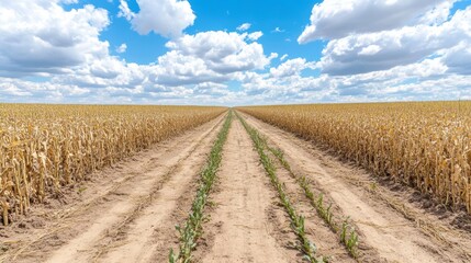 Scenic Rural Landscape with Winding Dirt Path Through Golden Wheat Field Under Dramatic Sky