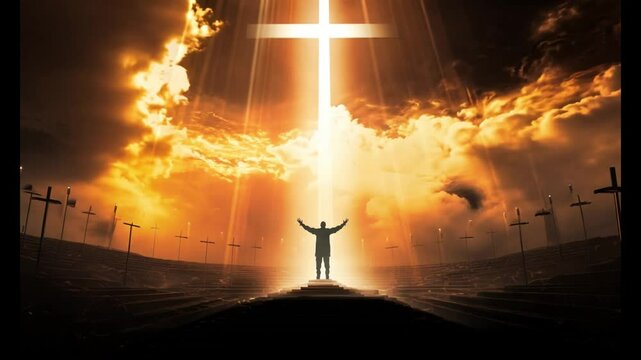 a man pray in front of cross with holy light