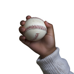 Hand holding a baseball with a firm grip, isolated on a transparent background