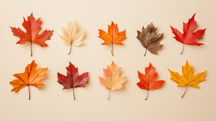 autumn leaves, like maple and oak, in various shades of orange, red, and yellow against an isolated soft beige background