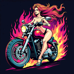 Illustration of a sexy and beautiful pin up girl with a motorbike on a dark background.