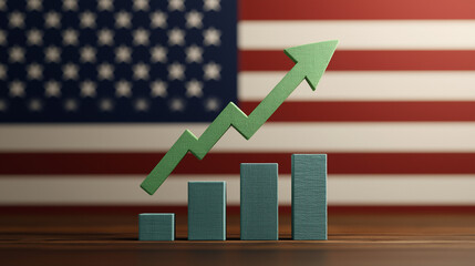 Rising Bar Graph with Upward Arrow on American Flag Background Economic Progress in USA  
