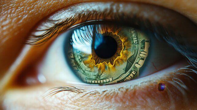 Concept image of sellout mentality  person s eye featuring cash in the iris representation