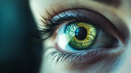 Fototapeta premium Conceptual image of a person s eye reflecting money in the iris, symbolizing greed and corruption