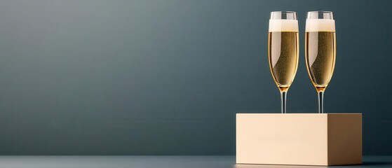 Engraved champagne flutes in personalized gift box, wedding celebration, 3D illustration