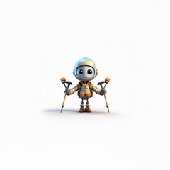 Fototapeta premium A cartoon robot wearing a backpack and holding two trekking poles stands on a white background.