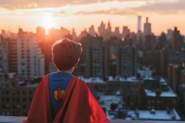 Fototapeta premium Young Superhero Gazing at Cityscape During Sunset