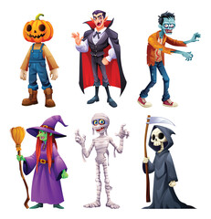 Spooky Halloween character set featuring pumpkin head scarecrow, vampire, zombie, witch, mummy, and grim reaper. Vector cartoon illustration