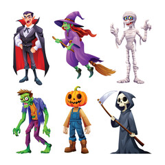 Halloween characters including vampire, witch on broom, mummy, grim reaper, zombie, and pumpkin scarecrow. Vector cartoon illustration