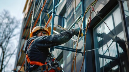 Fototapeta premium Construction Worker Installing Wires on Scaffolding