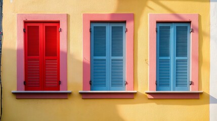 Vibrant Shutters with Neutral Facade, showcasing a lively interplay of colorful shutters against a soft, understated building exterior, highlighting visual contrast and charm