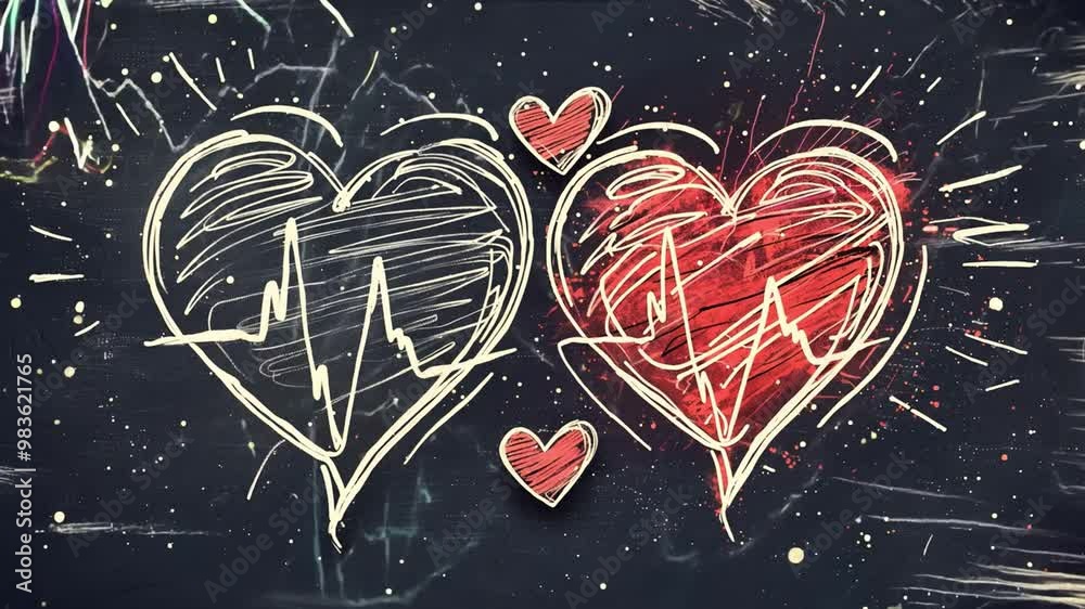 Aufkleber Two heart shapes, one black and one red, are illustrated on a textured black background. The hearts feature stylized pulsating lines, symbolizing love and connection in a unique way.
