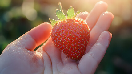 Obraz premium Macro shot of a strawberry resting on an outstretched palm, with water droplets glistening
